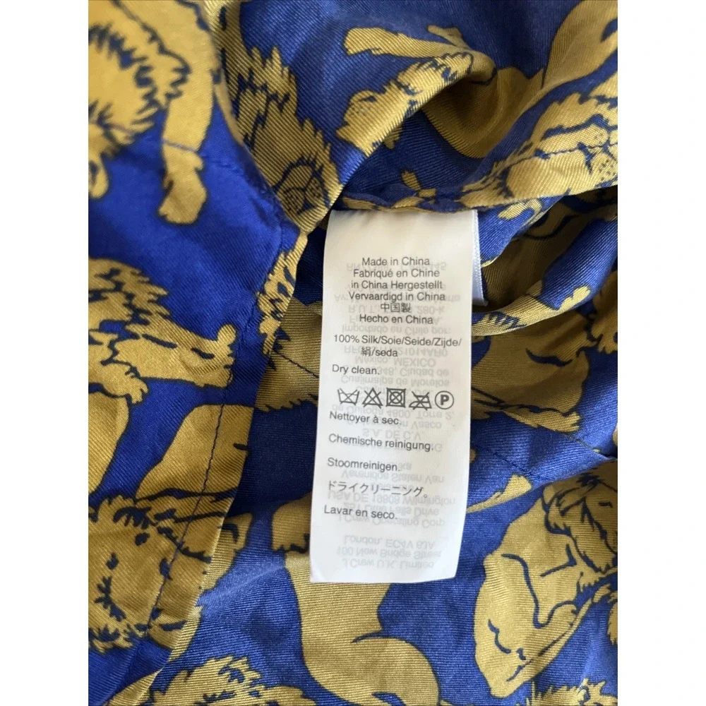 J Crew Collection 100% Silk Sleepy Lions Button Blouse Blue Gold 2